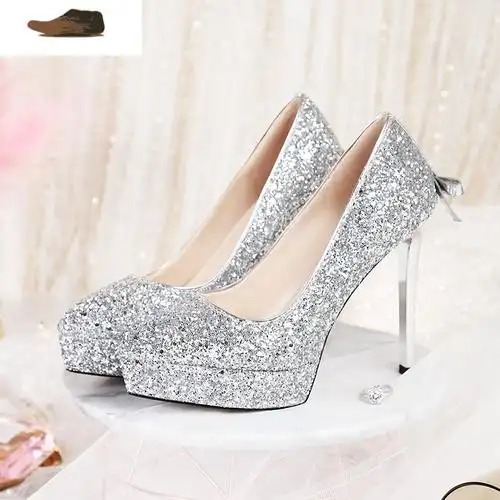 ideamini结婚鞋女浅色超高跟防水台12cm水晶鞋走秀蝴蝶结婚纱礼服新娘