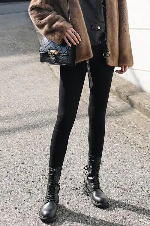 逸思加厚抓绒黑色魔术裤女冬打底裤保暖小脚裤