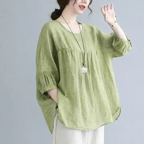 文艺复古原创棉麻上衣女夏季新款大码宽松衬衫显瘦纯色百塔娃娃衫