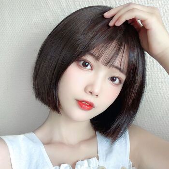 假发女短发网红空气刘海圆脸bobo头内扣锁骨发型自然女全头套式 黑茶
