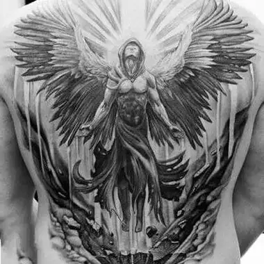 天使纹身tag标签:天使纹身满背黑灰写实风格堕落天使纹身图案tag标签