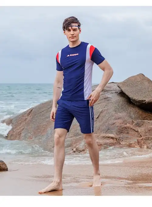 kappa游泳裤男士防尴尬宽松泳衣套装泡温泉男生五分泳裤藏青色xl