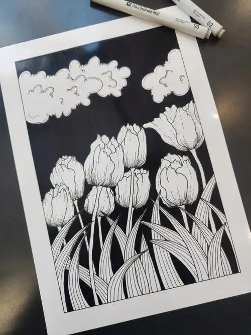 绘画练习黑白装饰画郁金香临摹