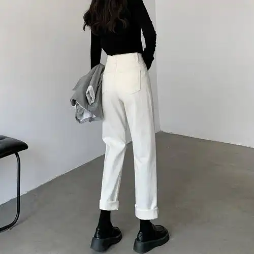白色牛仔裤女直筒宽松秋冬2022年新款加绒高腰阔腿裤显瘦老爹裤子