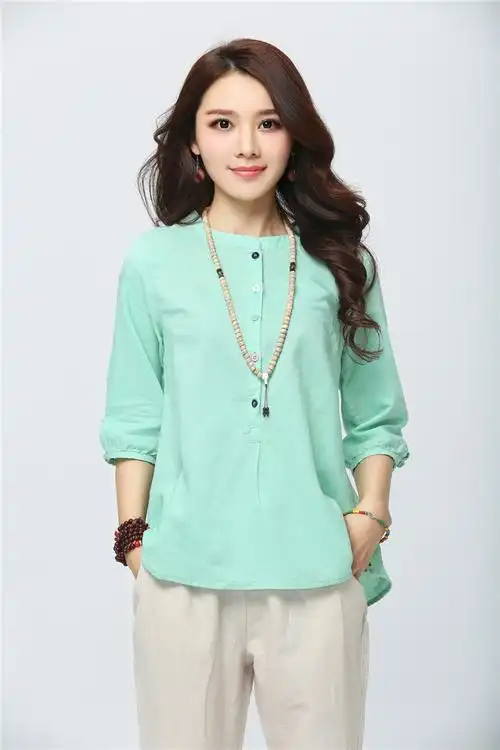 代理加盟 2015春装新款棉麻女装森女系t恤长袖衬衫上衣女blc-317