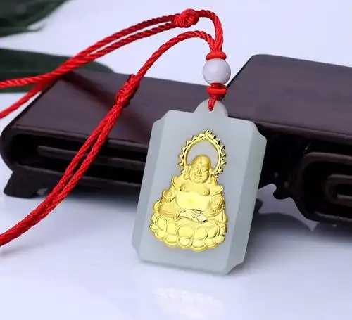 高档精品和田玉金镶玉佛吊坠 纯金包玉弥勒佛项链 和田白玉黄