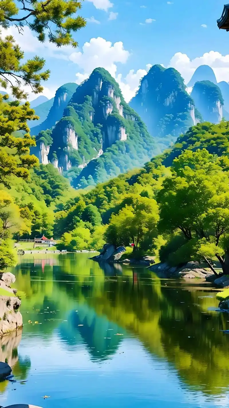 人间仙境世外桃源江南小镇,春天的桂林山水美景,青山绿水,红色的