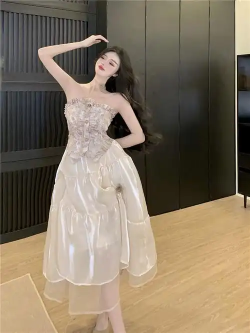 法式抹胸连衣裙网纱裙仙女长裙