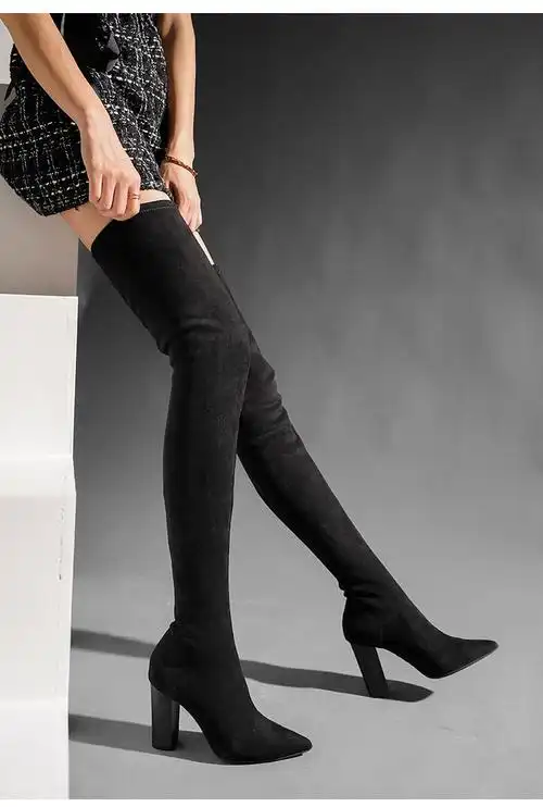 过漆长靴子女过膝盖皮高桶靴长靴秋冬超盖长筒靴高跟显瘦大腿靴粗跟