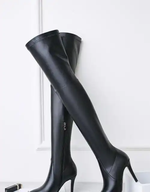 女鞋真皮尖头性感细跟过膝弹力夜店超高跟瘦腿黑色长靴子 ylra