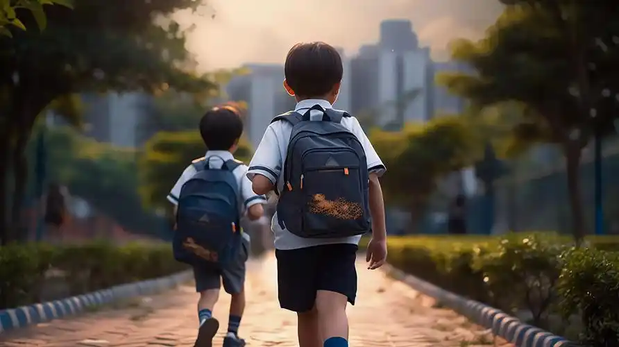 背着书包上学的小学生孩子背影学校校园开学季教育学生学习成长