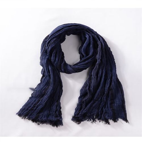 围巾文艺复古棉麻男士简约长款装饰薄款秋季围脖两用围巾藏蓝色 藏青
