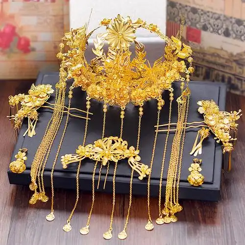 中式新娘头饰凤冠霞帔结婚古装饰套装古典秀禾服龙凤褂配饰金色套装耳