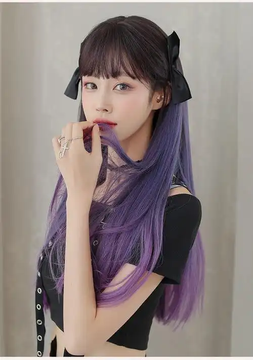 蓝紫渐变颜色长直发空气刘海整顶发套时尚紫色全头套 芭比蓝【图片