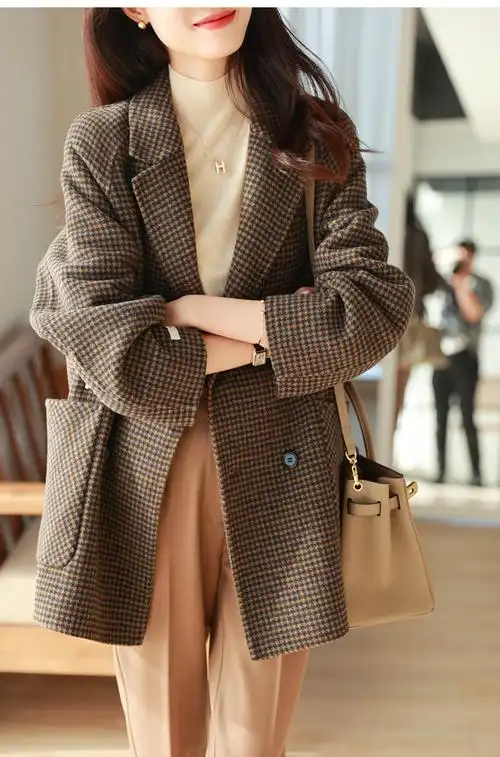 新款纯手工中长款双面呢外套小个子西装领毛呢宽松格子大衣女 - 17网