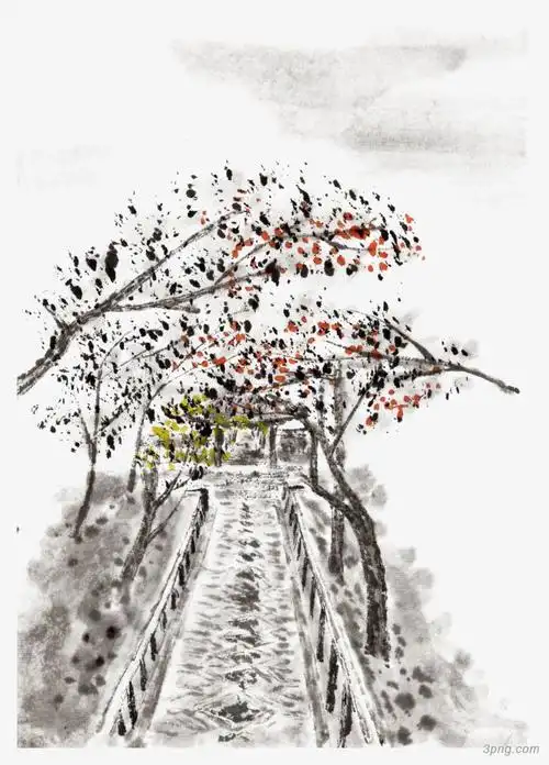 水墨画水彩山路png素材透明免抠图片-节日元素