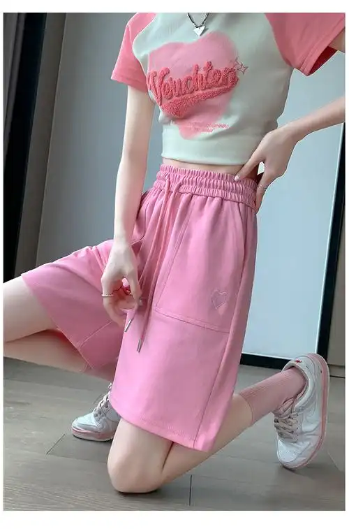 粉色运动短裤女夏季薄款外穿高腰显瘦宽松阔腿五分裤直筒休闲中裤