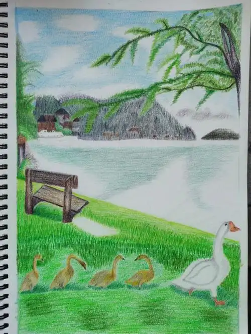 彩铅临摹风景鹅山水第20张