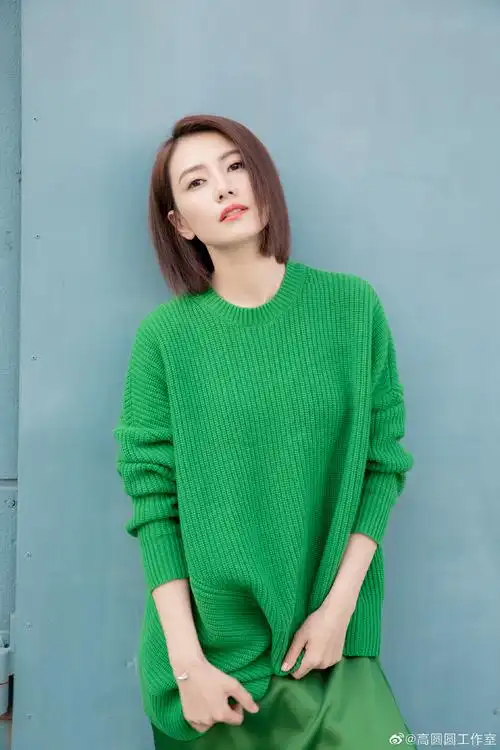 高圆圆穿绿色针织衫春意盎然 短发造型清爽干练