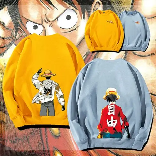 日系动漫海贼王路飞联名潮牌韩版宽松外套ins超火保暖圆领卫衣男