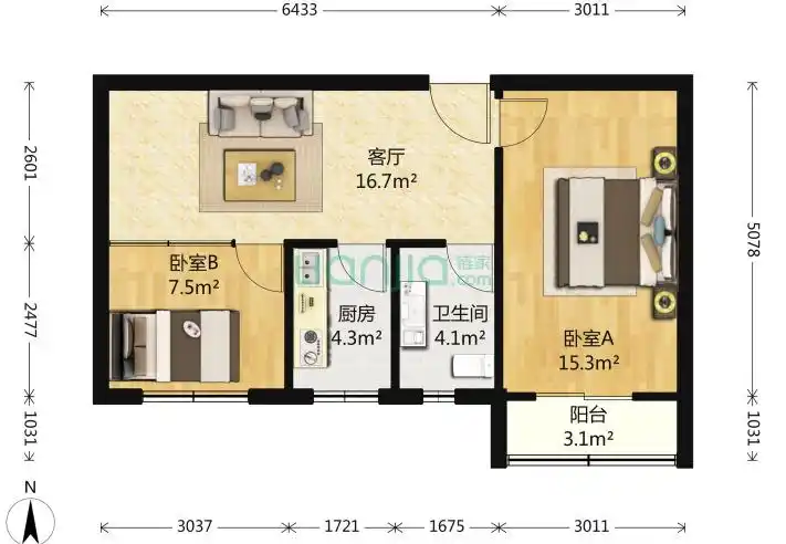 温泉花园a区2室1厅1卫50平米装修案例