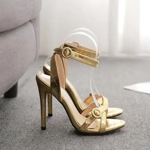 欧美外贸一字扣带金色性感细高跟凉鞋有做40码