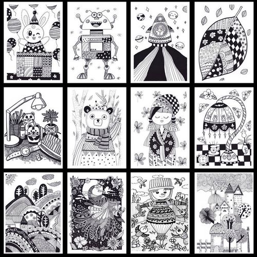 少儿创意美术临摹卡片黑白线描手绘初级中级高级儿童画范画画图片