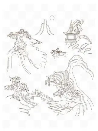 10一副手绘中国风山水风景背景图简笔画素描线21045铅笔素描工作事业