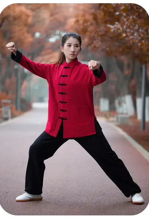 wnhc太极服女秋冬季新款加厚绒棉麻太极拳冬装练功服男2022时尚黑色