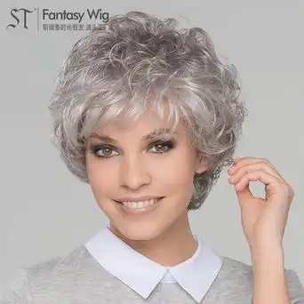 tik tok美国站直播假发外贸pixie curly wig中年女灰色短卷发假发