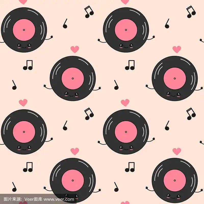 可爱的卡通人物黑胶唱片无缝矢量图案背景插图与音乐笔记
