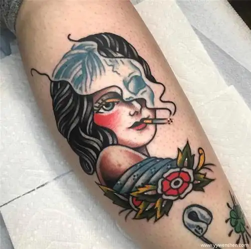 吸烟的女郎变骷髅oldschool创意纹身图案