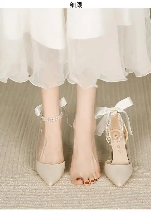 1718岁成人礼公主鞋成人珍珠高跟鞋女夏2022百搭淑女法式尖头中粗跟单