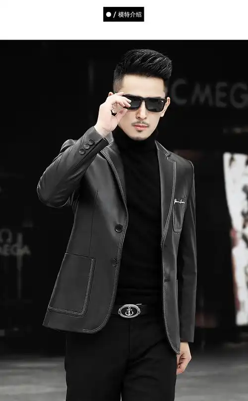 祺杰仕真皮皮衣男2021年新款正宗羊皮黑色海宁休闲西装外套潮流油蜡