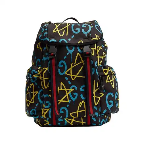 gucci古驰小精灵系列gg星星涂鸦欧美时尚抽带搭扣织物双肩包背包