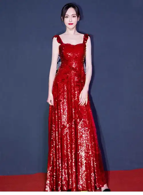 唐嫣同款礼服红色_2022唐嫣明星同款红色吊带亮片年会晚礼服女长款