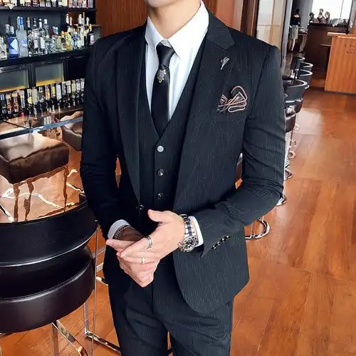 条纹西装男套装新郎结婚礼服男士三件套修身韩版小西服英伦风休闲