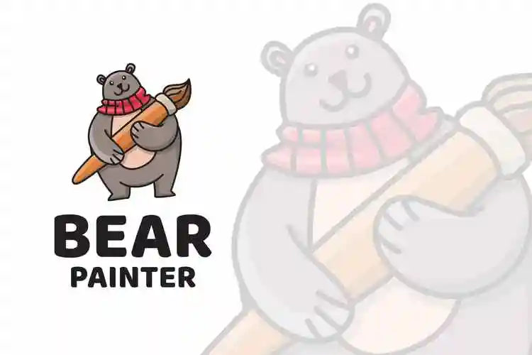 可爱标志设计系列熊画家卡通动物形象logo设计模板bearpaintercute