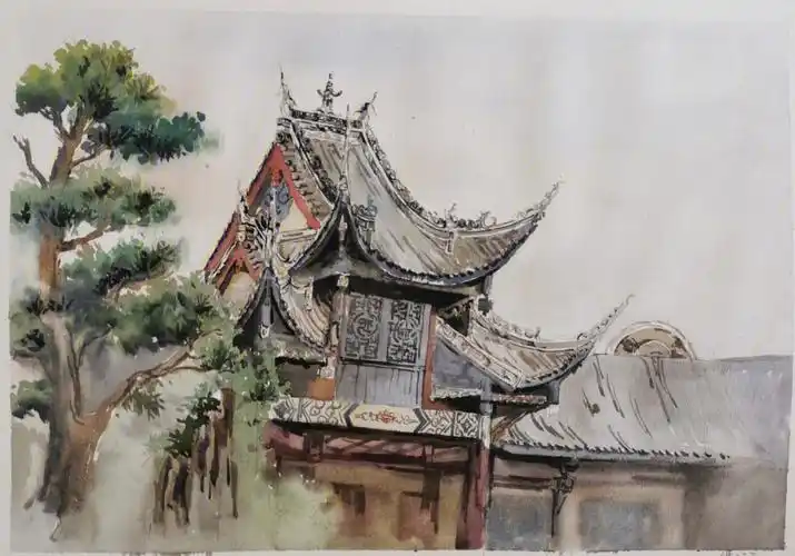 水彩画古建筑