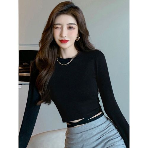 黑色打底衫长袖t恤女短款圆领修身纯棉高腰露脐绑带内搭上衣春秋
