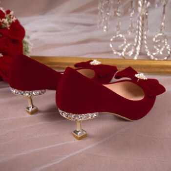 婚鞋秀禾鞋2023年新款中式婚礼鞋结婚中跟踩堂鞋女红色高跟鞋6cm红色