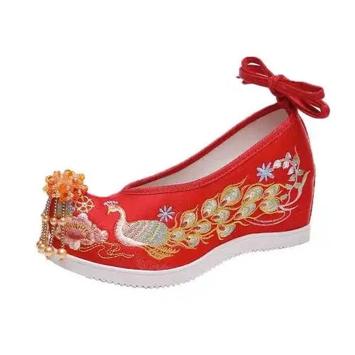 红色秀禾服新娘鞋明制汉服鞋子女中式低跟古风结婚鞋重工秀禾婚鞋