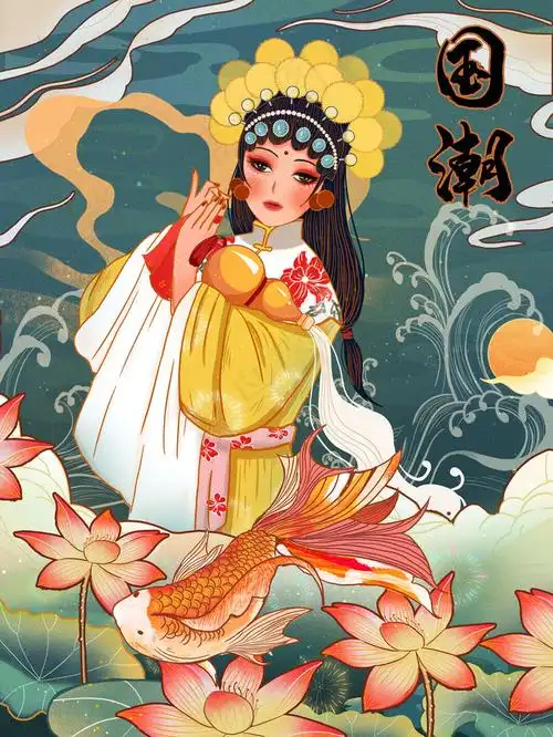 手绘中国风国潮京剧戏曲人物插画古风国粹花旦ai矢量ps设计素材图psd