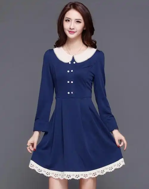 藏蓝色简约长袖连衣裙