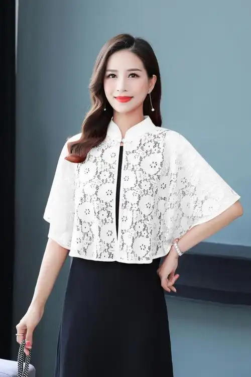 千夏芝旗袍披肩春夏夏季斗篷披肩式上衣女蕾丝外披开衫宽松外搭短款