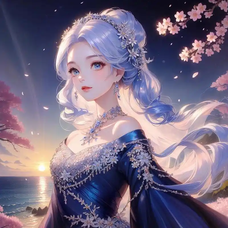 动漫头像|美少女公主樱花 白发蓝色系仙女