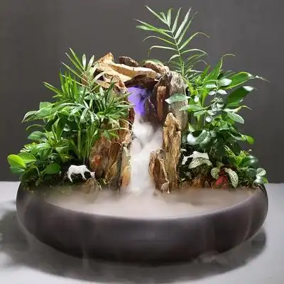 假山流水喷泉小盆q景微景观室内客厅办公室喷雾加湿器真石头水景