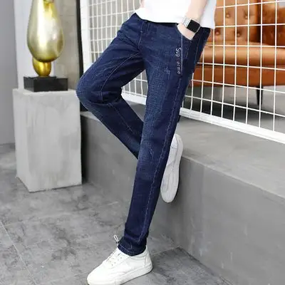 青少年裤子男孩初中高中学生松紧腰牛仔裤秋冬季直筒裤大童休闲裤