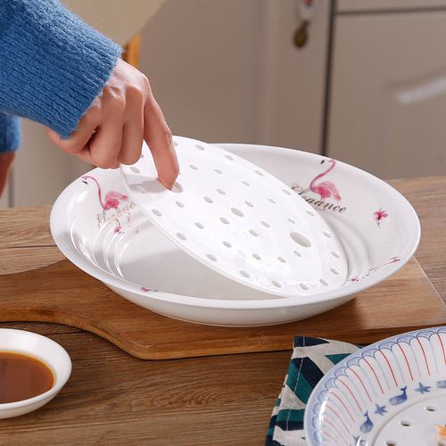 创意水饺双层沥水陶瓷饺子盘家用大号多功能水果盘菜盘托盘蒸盘