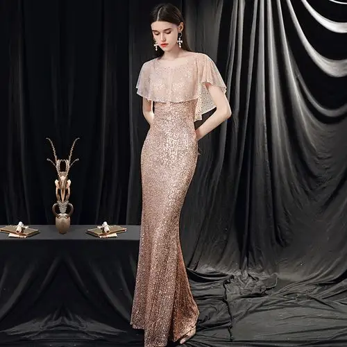金色晚礼服裙女2021新款高端大气宴会气质奢华鱼尾长款名媛主持人